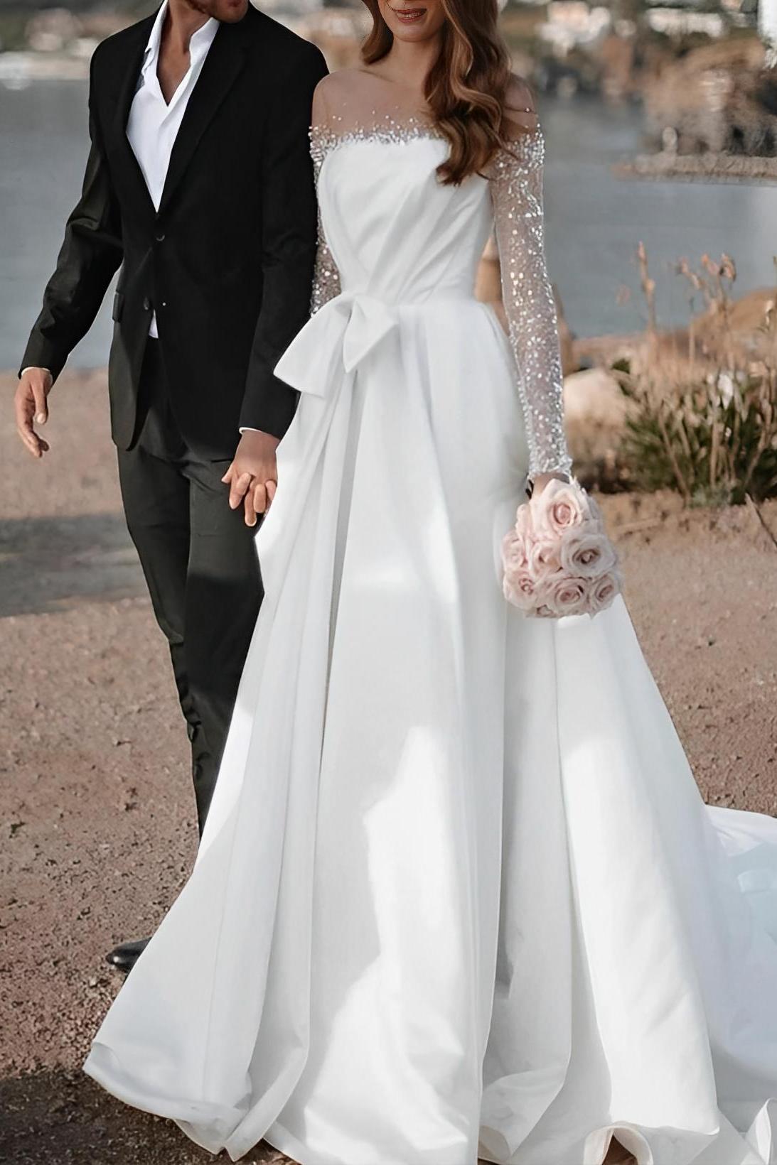 Illusion Neck Long Sleeves Sweep Train Beach Wedding Dress