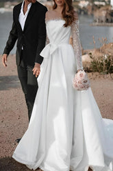 Illusion Neck Long Sleeves Sweep Train Beach Wedding Dress