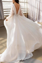 Illusion Neck Long Sleeves Sweep Train Chiffon Beach Wedding Dresses