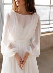 Illusion Neck Long Sleeves Sweep Train Chiffon Beach Wedding Dresses