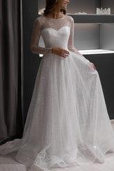 Illusion Neck Long Sleeves Sweep Train Sequined Wedding Dresses