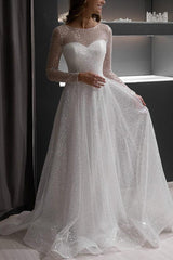 Illusion Neck Long Sleeves Sweep Train Sequined Wedding Dresses