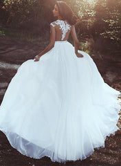 Illusion Neck Sleeveless Lace/Tulle Beach Wedding Dresses With Split Front