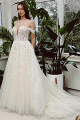 Ivory A Line Beach Wedding Dress Off The Shoulder V Neck Sleeveless Bridal Gown With Lace
