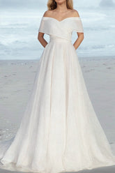 Ivory A-Line Beach Wedding Dress Off the Shoulder Bridal Dress With Sweep Train