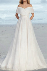 Ivory A-Line Beach Wedding Dress Off the Shoulder Bridal Dress With Sweep Train