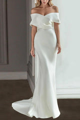 Ivory A Line Beach Wedding Dress Off the Shoulder Bridal Dress with Panel Train