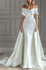 Ivory A Line Beach Wedding Dress Off the Shoulder Bridal Dress with Panel Train