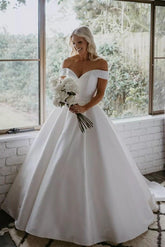 Ivory A Line Beach Wedding Dress Off the Shoulder Satin Bridal Dress