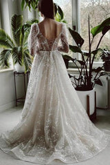 Ivory A Line Beach Wedding Dress Sleeves Lace Bridal Gown With Slit