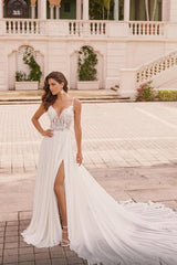 Ivory A Line Beach Wedding Dress Spaghetti Straps V Neck Lace Bridal Gown With Slit