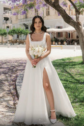 Ivory A Line Beach Wedding Dress Straps Tulle Sleeveless Bridal Gown With Slit