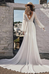 Ivory A Line Beach Wedding Dress V Neck LaceLong Sleeves Beach Wedding Dress