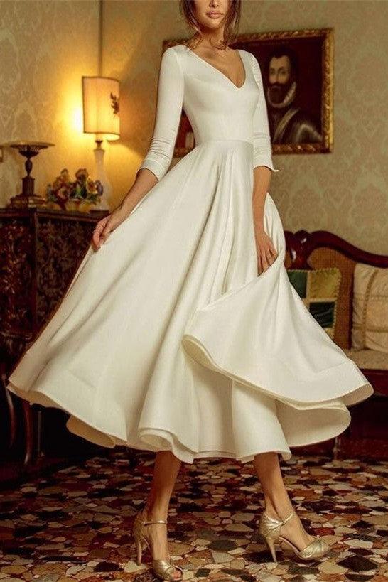 Ivory A-Line Beach Wedding Dress V-Neck Tea-Length Long Sleeve Bridal Dress