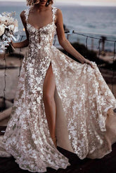 Ivory A Line Spaghetti Strap V Neck Sleeveless Lace Tulle Bridal Gown With High Slit