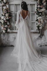 Ivory A Line Tulle Beach Wedding Dress Long Sleeves Bridal Dress