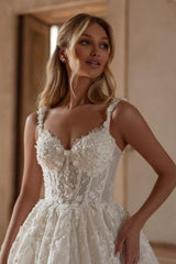 Ivory A Line Wedding Dress Princess Spaghetti Straps Lace Tulle Bridal Gown