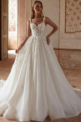 Ivory A Line Wedding Dress Princess Spaghetti Straps Lace Tulle Bridal Gown