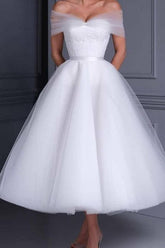 Ivory Ball Gown Off-the-Shoulder Tea-length Tulle Beach Wedding Dress