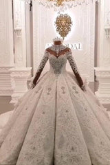 Ivory Ball Gown Wedding Dress High Neck Long Sleeve Beaded Appliques Bridal Dress