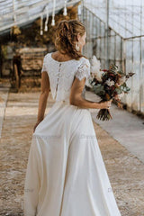 Ivory Beach Wedding Dress Lace Two Piece Short Sleeves Chiffon Bridal Dress