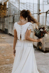 Ivory Beach Wedding Dress Lace Two Piece Short Sleeves Chiffon Bridal Dress