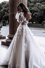 Ivory Beach Wedding Dress Long Sleeve Corset A Line Off The Shoulder Tulle Bridal Dress with Appliques