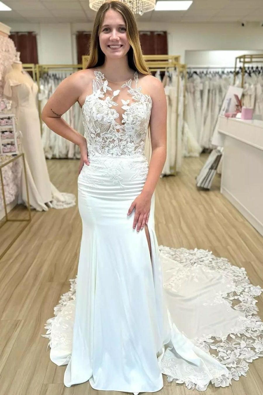 Ivory Beach Wedding Dress Mermaid Crew Neck Bridal Dress with Appliques