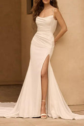 Ivory Beach Wedding Dress Mermaid Spaghetti Straps Backless Bridal Dress with Slit