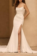 Ivory Beach Wedding Dress Mermaid Spaghetti Straps Backless Bridal Dress with Slit