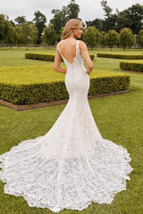 Ivory Beach Wedding Dress Mermaid V Neck Lace Bridal Dress with Sweep Train