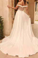 Ivory Beach Wedding Dress Off the Shoulder Bridal Dress Corset With Panel Train