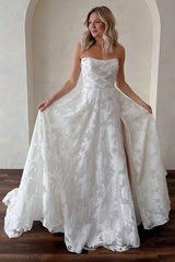 Ivory Beach Wedding Dress Strapless Lace A Line Bridal Dress with Sweep Train