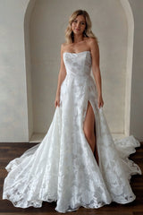Ivory Beach Wedding Dress Strapless Lace A Line Bridal Dress with Sweep Train