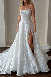 Ivory Beach Wedding Dress Strapless Lace A Line Bridal Dress with Sweep Train