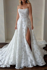 Ivory Beach Wedding Dress Strapless Lace A Line Bridal Dress with Sweep Train