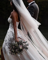 Ivory Beach Wedding Dress Sweetheart Boho Tulle Lace Appliques A Line Bridal Dress