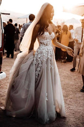 Ivory Beach Wedding Dress Sweetheart Boho Tulle Lace Appliques A Line Bridal Dress