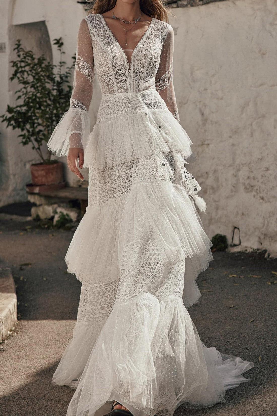 Ivory Beach Wedding Dress Tiered Long Sleeves V Neck Bridal Dress