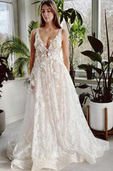 Ivory Beach Wedding Dress V Neck A Line Lace Bridal Gown With Glitter