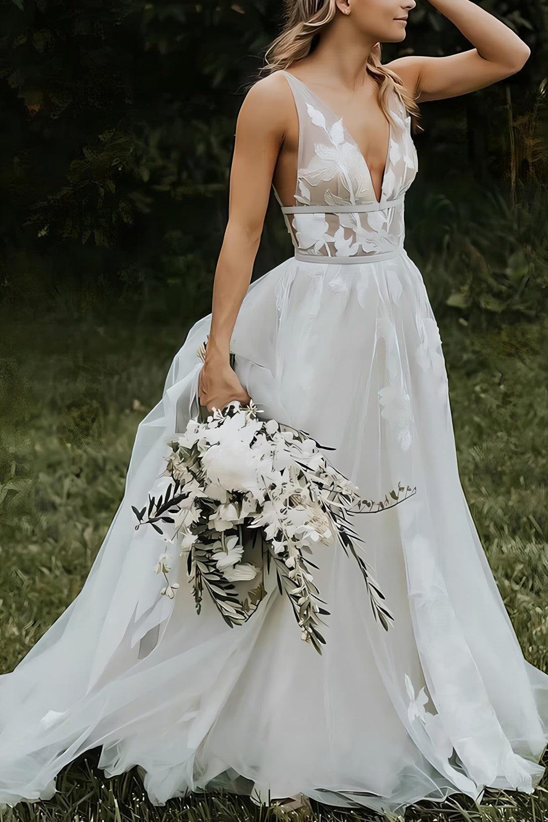 Ivory Beach Wedding Dress V Neck Tulle A Line Bridal Dress with Appliques