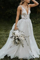 Ivory Beach Wedding Dress V Neck Tulle A Line Bridal Dress with Appliques