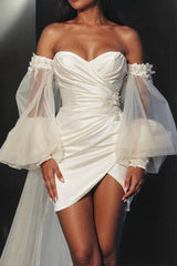 Ivory Bodycon Sweetheart Long Sleeves Mini Beach Wedding Dress