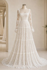 Ivory Boho Lace A Line Wedding Dress with Square Neck and Bell Sleeves