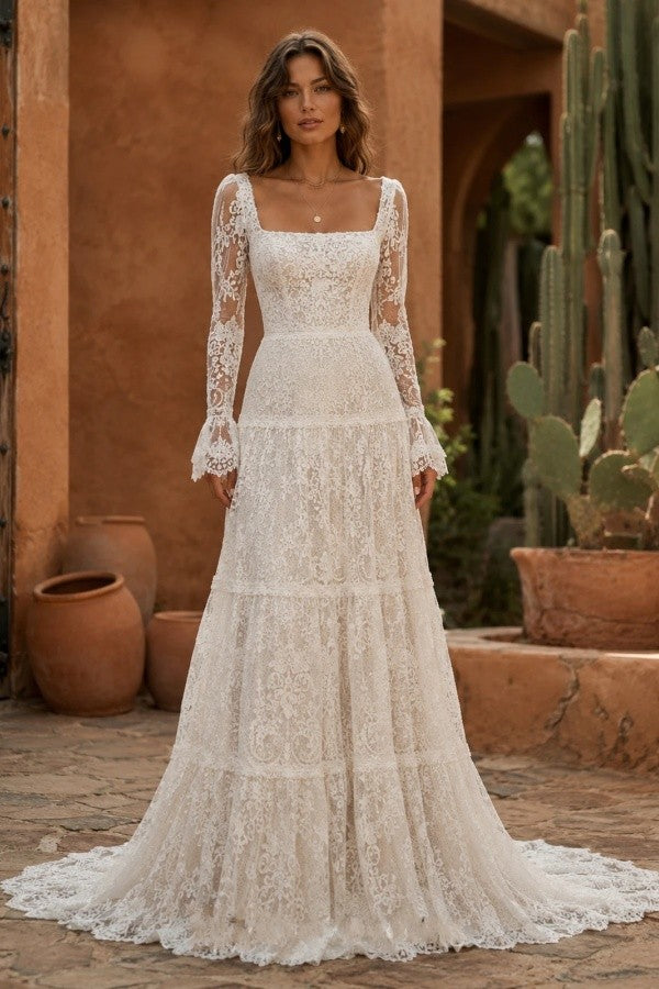 Ivory Boho Lace A Line Wedding Dress with Square Neck and Bell Sleeves