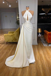 Ivory Halter Long Wedding Dress With Split Detachable Train