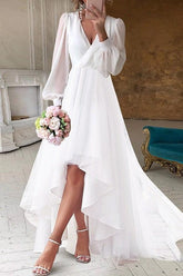 Ivory High Low Beach Wedding Dress Long Sleeves V Neck Bridal Dress