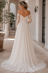 Ivory Lace A Line Maternity Wedding Dress with Off Shoulder Long Sleeves