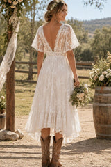 Ivory Lace A Line Tea Length Wedding Dress with V Neck and Flutter Sleeves