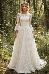 Ivory Lace A Line Wedding Dress with Illusion Neckline and Bell Sleeves